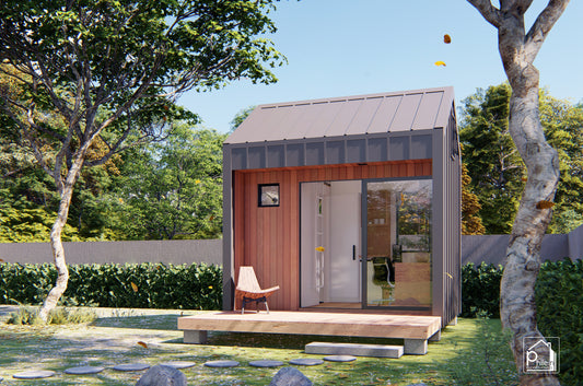 Kit d'aménagement Violet avec fichier CAO/DWG | Plan d'étage et élévations de bureau de jardin compact de 10,5 m² (Téléchargement numérique)