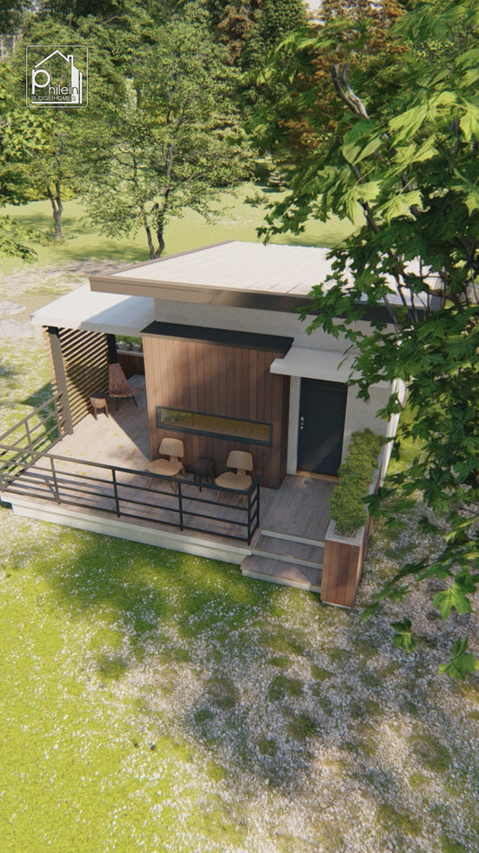 Kit de diseño Ursa con archivo CAD/DWG | Casa diminuta de 18 m² con porche delantero acogedor, planos de planta y alzados (descarga digital)