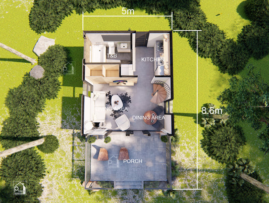 Kit de diseño Santan con archivo CAD/DWG | Encantadora casa pequeña de 40 m² perfecta para alquiler en Airbnb, plano de planta y alzados (descarga digital)