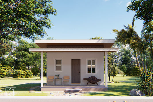 Kit de diseño Zinnia con archivo CAD/DWG | Plano de planta y alzados de casa moderna sencilla de un dormitorio de 30 m² (descarga digital)