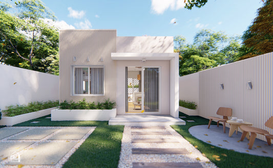 Kit de diseño Sapphire con archivo CAD/DWG | ¡Pequeña pero impresionante! Casa minimalista de 27 m² con patio exterior, planos y alzados (descarga digital)