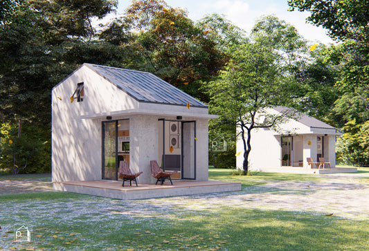 Kit de diseño Topaz con archivo CAD/DWG | Casa diminuta moderna de hormigón de 27 m² con plano de planta y alzados de dormitorio tipo loft (descarga digital)