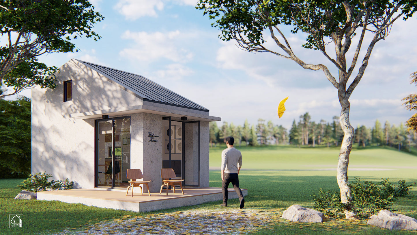 Topaz Layout Kit | 27sqm Modern Concrete Tiny Home with Loft Bedroom Floor Plan & Elevations (Digital Download)