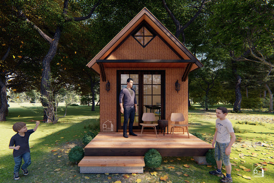 Kit de diseño Daisy con archivo CAD/DWG | Diseño de casa sencilla de bambú con un dormitorio y un altillo, plano de planta y alzados (descarga digital)